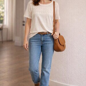 Talbot Sz M Cotton Blend White Blouse with Lace.  Light weight Layer Lace Basic